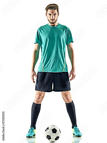 one caucasian soccer player man standing with football isolated on white background