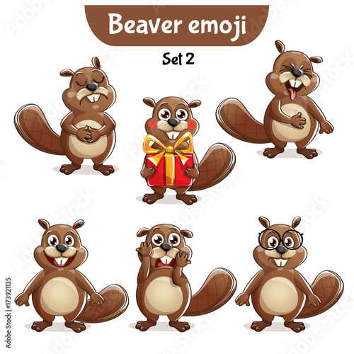 Vector set of cute beaver characters. Set 2