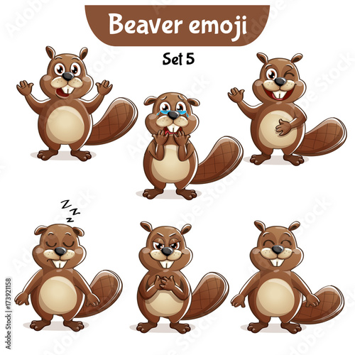 Vector set of cute beaver characters. Set 5