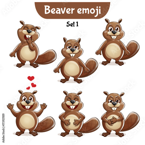 Vector set of cute beaver characters. Set 1