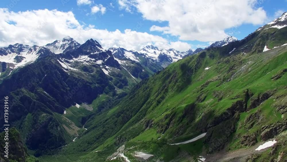 Flying near mountain range valley Aerial 4k video. Hiking Travel Tourism Caucasus Svaneti, Georgia. Flying near mountain range valley Aerial 4k video. Hiking Travel Tourism Caucasus Svaneti, Georgia.