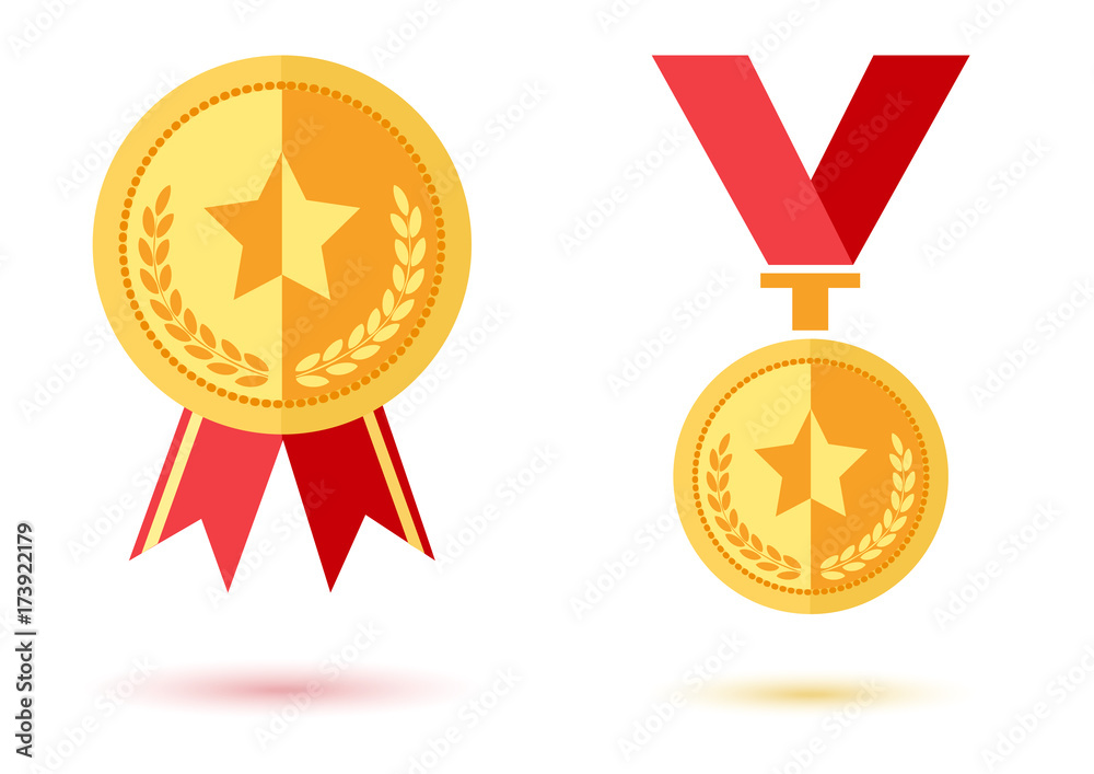 Set yellow award, medal with red ribbon. Vector illustration Set yellow award, medal with red ribbon. Vector illustration