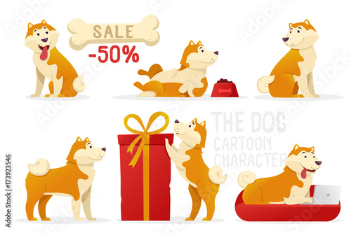 Fototapeta Naklejka Na Ścianę i Meble -  The dog cartoon characters vector illustration. Yellow dogs in different poses vector flat design isolated on white background.