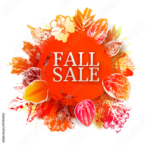 Fall sale Vector background with ink stamp leaves and paint splashes. Autumn season business discount circle Frame. Hand drawn illustration for banners, posters. Paper cut design
