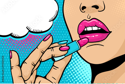 Pop art makeup. Closeup of sexy girl paints her lips with lipstick in her hand and empty speech bubble. Vector coloful background in comic retro pop art style. Cosmetics appliying on female face.