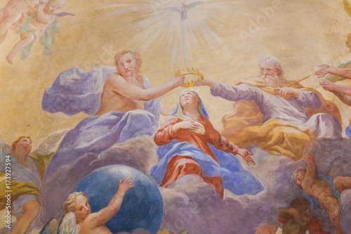 Fototapeta Fresco in San Gimignano - Holy Trinity and Mary