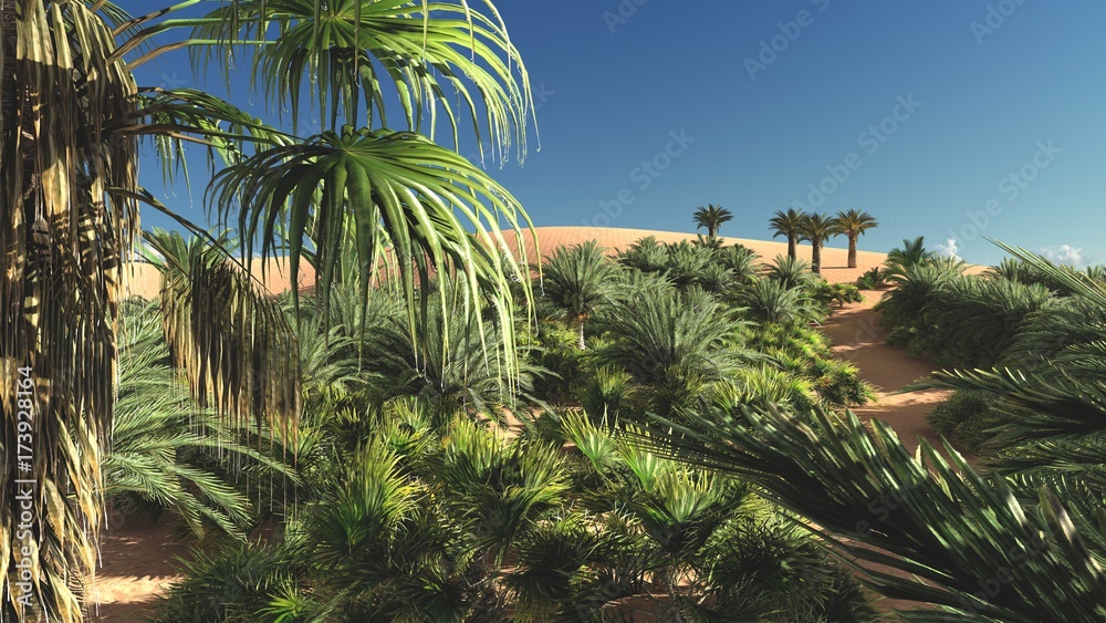 Abundant tropical plants on wilderness in the evening, 3d rendering