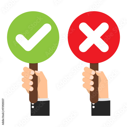 Businessman hand hold signboard Green check mark and red X mark Right and Wrong for feedback. Cartoon flat vector illustration business concept.