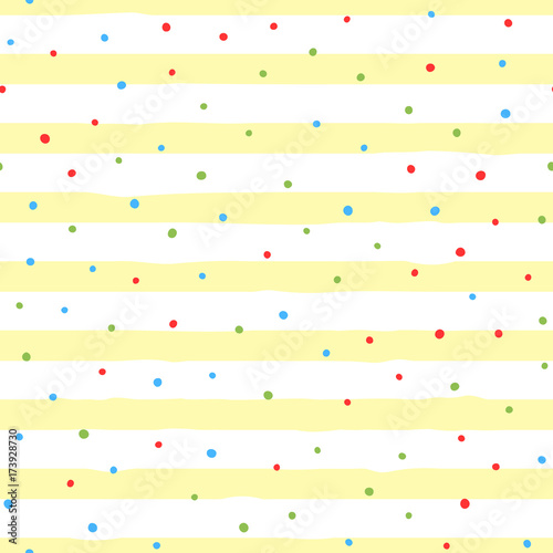 Irregular polka dots on striped background. Color seamless pattern. White, yellow, red, blue, green colour.