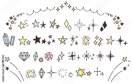 キラキラ・星のかわいい手描きアイコンのセット（カラー）