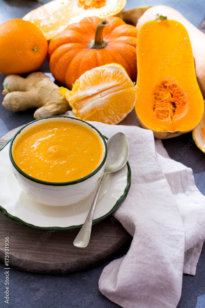 Homemade cream soup made from fresh ripe bottle gourd pumpkin Homemade cream soup made from fresh ripe bottle gourd pumpkin