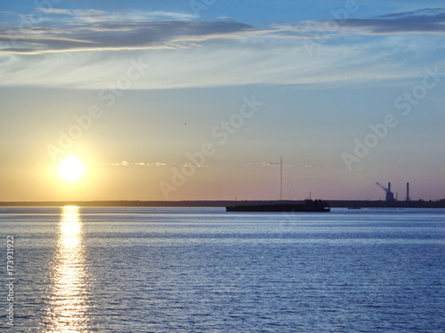 sunset over the sea, ship