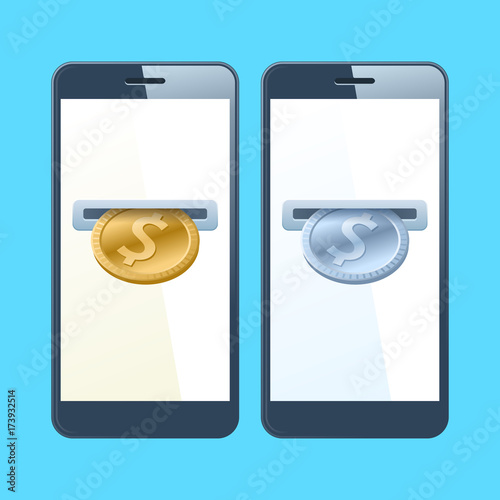 Two mobile phones and dollars. A coin slotes with gold and silver dollars are inserting at the screen. Money, banking, online payment, buying, cash concept. Vector flat material design illustration.