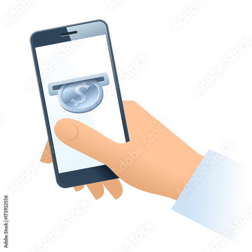 A human hand holding a mobile phone. A coin slot with silver dollar is inserting at the screen. Money, banking, online payment, buying, cash concept. Vector flat illustration of hand, phone, dollar.