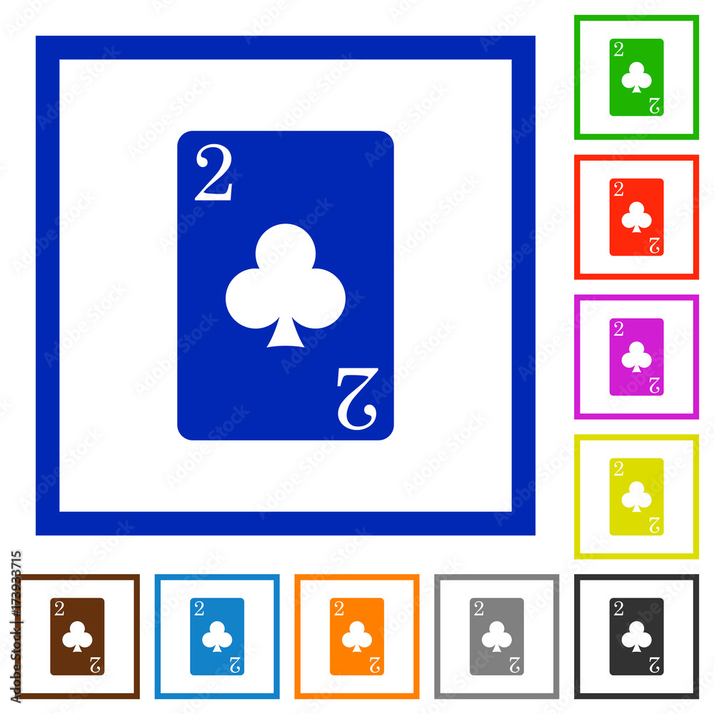 Two of clubs card flat framed icons Two of clubs card flat framed icons