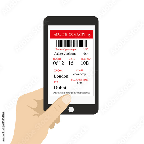 Boarding pass on smartphone screen,hand holding mobile phone