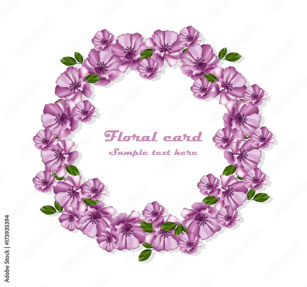 Purple flowers wreath Vector card frame illustration