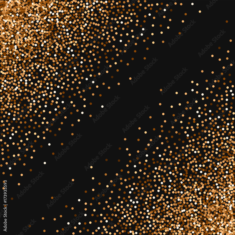 Red round gold glitter. Abstract chaotic scatter with red round gold glitter on black background. Majestic Vector illustration.