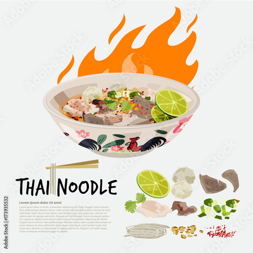 thai noodle in chicken Thai style bowl with ingredient graphic element - vector illustration