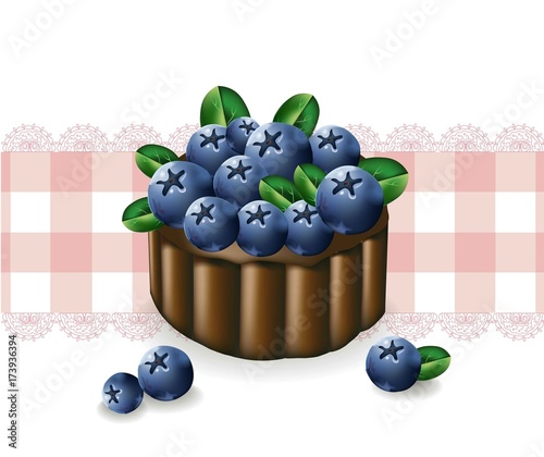 Blueberry cake on a vintage pattern. Vector delicious illustration