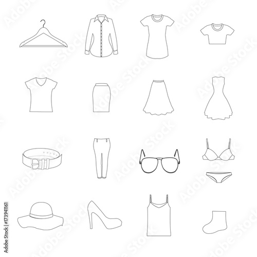 clothes of woman in white icons set vector