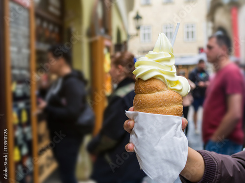 Ice cream donut cone famously sold at Prague, Czech republic