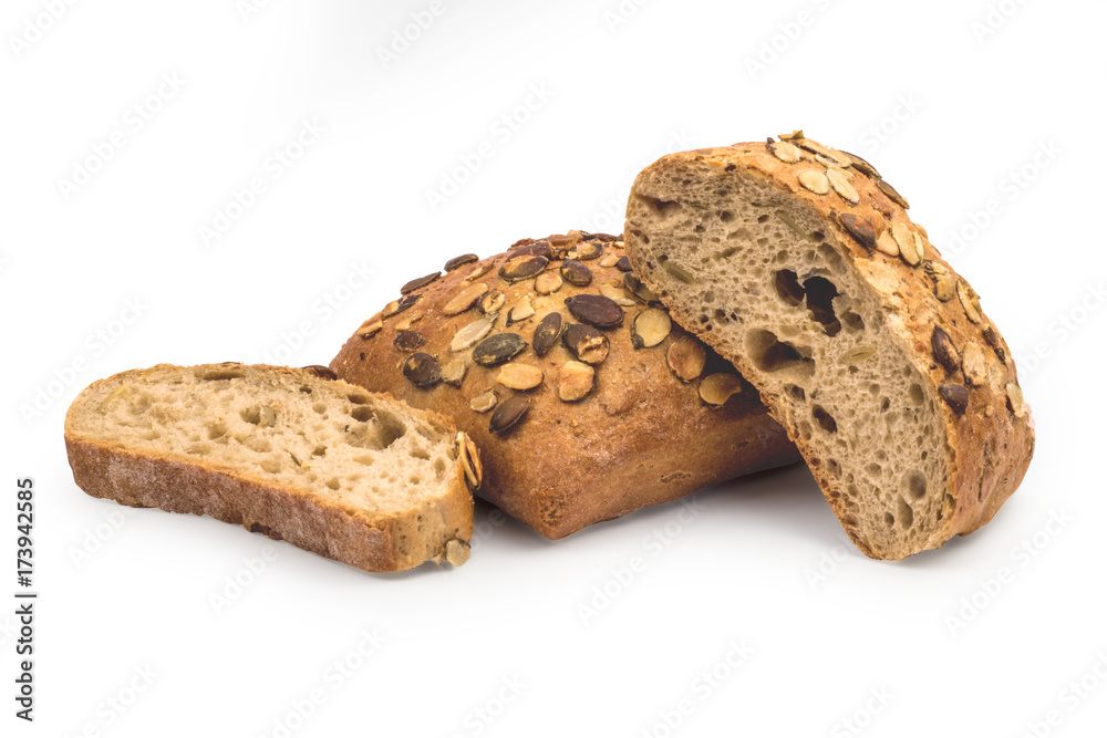Organic, rustic bread with pumpkin seeds isolated on white background. Clipping path included. Organic, rustic bread with pumpkin seeds isolated on white background. Clipping path included.