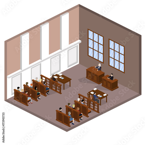 Isometric 3D vector illustration concept the judge conducts the trial. The lawyer protects the defendant. Hall of jury endure verdict