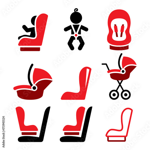 Baby car seat vector icons, toddle car seat - safe child traveling icons 