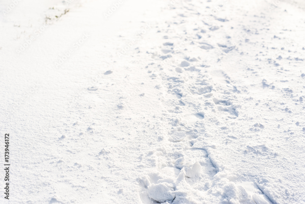 Footprints in snow, winter clean background