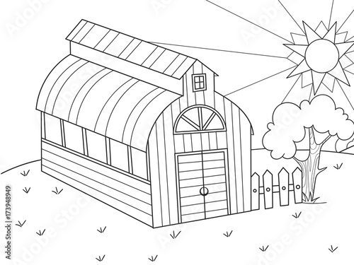 The location of agriculture. Hangar for food for animals. Barn. Vector of a book coloring book, a childrens cartoon