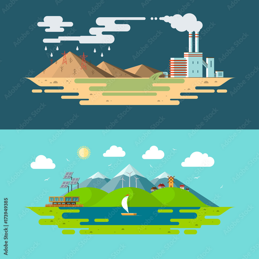 Naklejka premium Ecology, environment, nature pollution, green energy, eco life, emissions, planet conservation concept illustrations in flat design style.