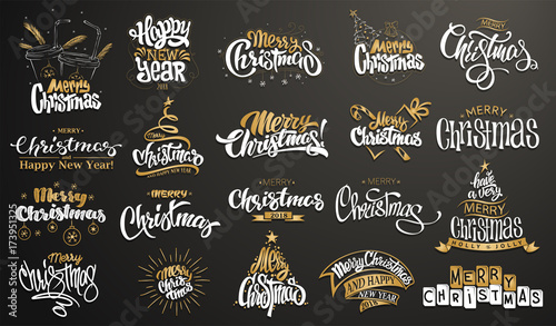 Merry Christmas. Happy New Year. Handwritten modern brush lettering, Typography set
