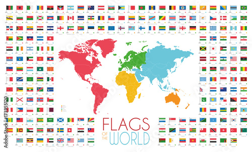 204 world flags with world map by continents vector illustration