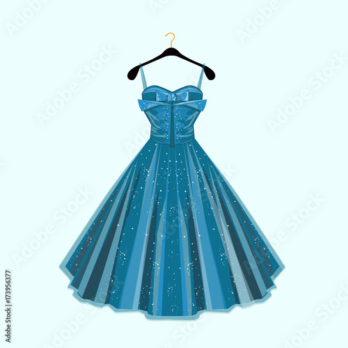 Fashion vector illustration. Blue party dress. 