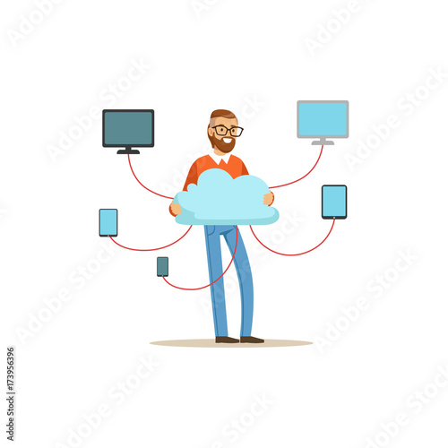 Network engineer administrator working in data center, cloud computer connection hosting server database synchronize technology vector illustration