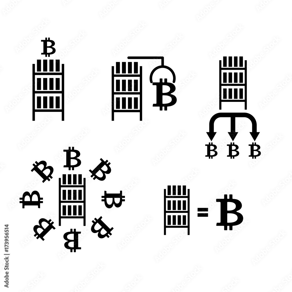 bitcoin Cryptocurrency Extraction and exchange set icon. Mining farm icon. Racks of GPU symbol. Vector illustration