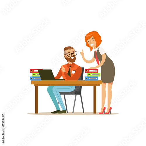 Сolleagues working together in the office, engineer system IT administrator helping woman with her PC vector illustration