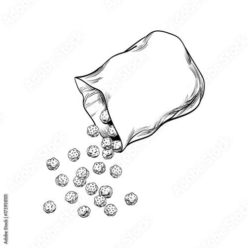 Packing of Meal, round Snacks, quick Breakfast cereal. Open pillow bag with a blank space for text from which chips balls are poured. Strokes Sketch on Chalkboard. Isolated Vector for templates 