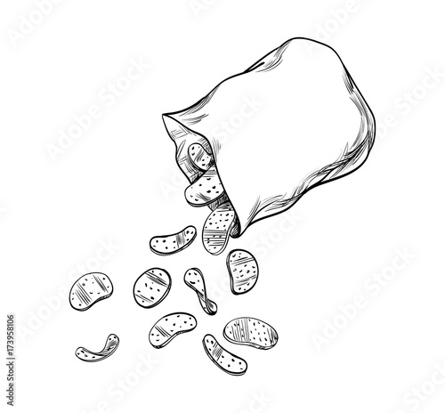 Packing of potato or fruit Chips. Open pillow bag with a blank space for text from which Snacks are poured. Strokes Sketch on Chalkboard. Isolated Vector for template, menu, poster, special offers