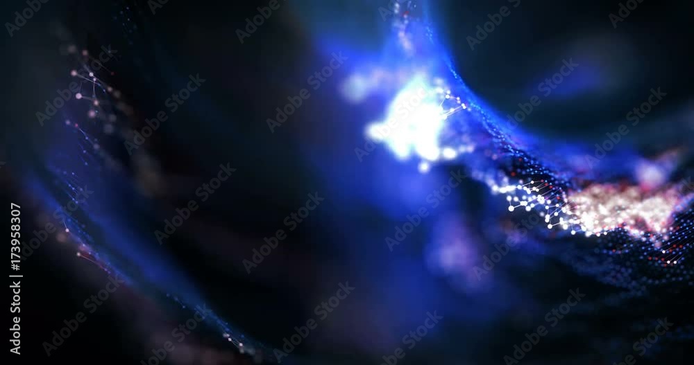 4K animated background loop with audio elements. 3D abstract digital wave of glowing particles and wireframe. Technology concept. Abstract background. Interplay of waves, lights, music, sound.
