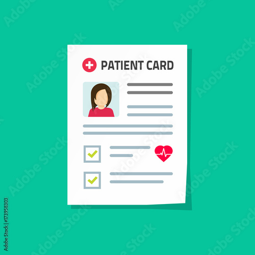 Patient card vector illustration isolated on color background, flat cartoon medical record paper document with patient health information, concept of good results of health check up, healthy diagnosis