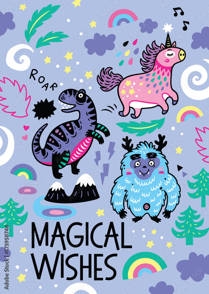 Adorable print in the childish style with unicorn, yeti, dino