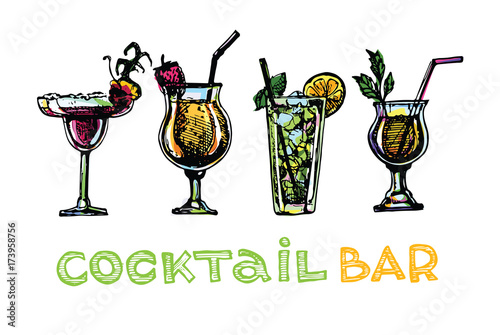 Cocktail set. Elements for the graphic design of the menu bars, restaurants, invitations, announcements. Hand drawn sketch set of alcoholic cocktails. Vintage vector illustration