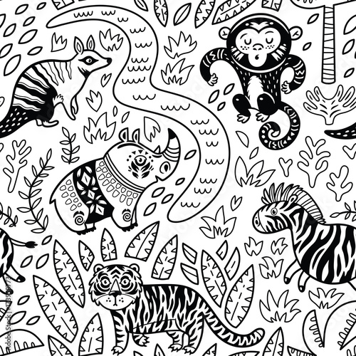 Vector seamless tropical pattern with decorative animal characters in outline
