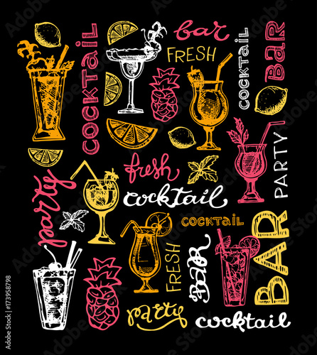 Cocktail set. Elements for the graphic design of the menu bars, restaurants, invitations, announcements. Hand drawn sketch set of alcoholic cocktails. Vintage vector illustration