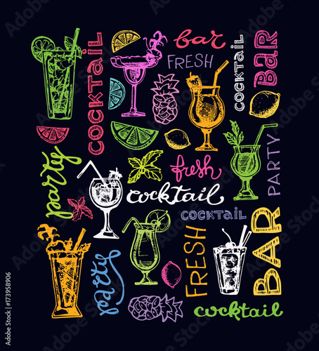 Cocktail set. Elements for the graphic design of the menu bars, restaurants, invitations, announcements. Hand drawn sketch set of alcoholic cocktails. Vintage vector illustration
