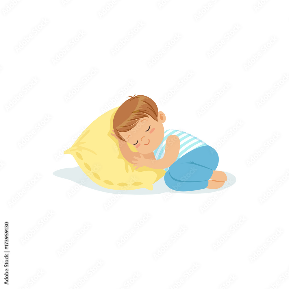 Cute little boy sleeping on a pillow cartoon character, adorable sleeping child vector illustration Cute little boy sleeping on a pillow cartoon character, adorable sleeping child vector illustration