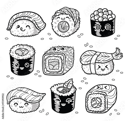 Kawaii rolls and sushi manga cartoon set in outline