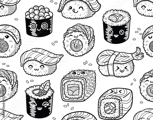 Black and white sushi and sashimi seamless pattern in kawaii style.